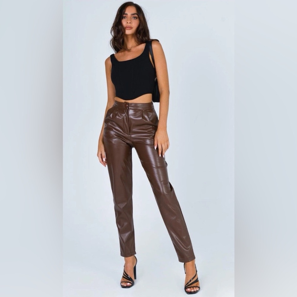 Princess Polly Love Club Brown Faux Leather Pleated Pants High Waist Size 2